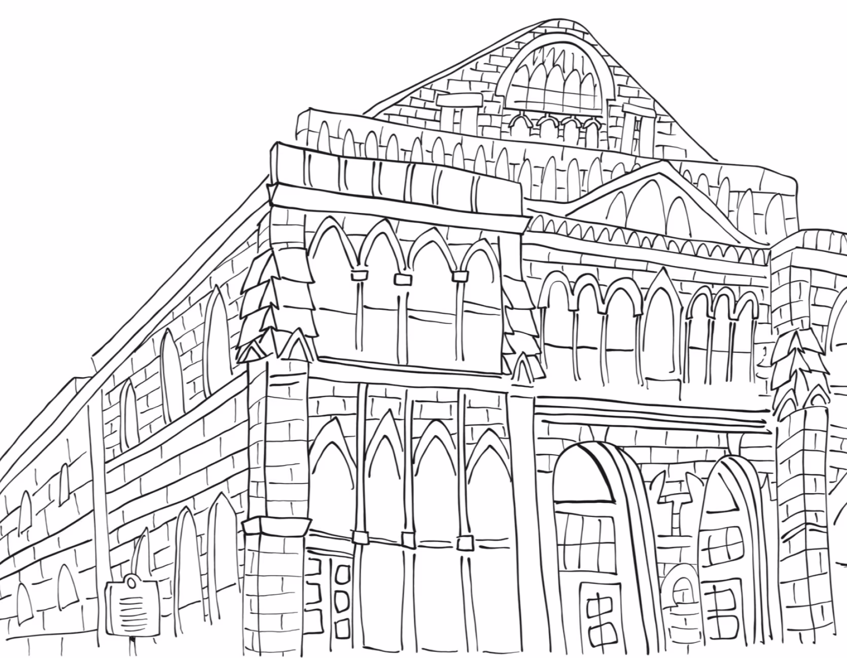 Line drawing of Ryman Auditorium for coloring