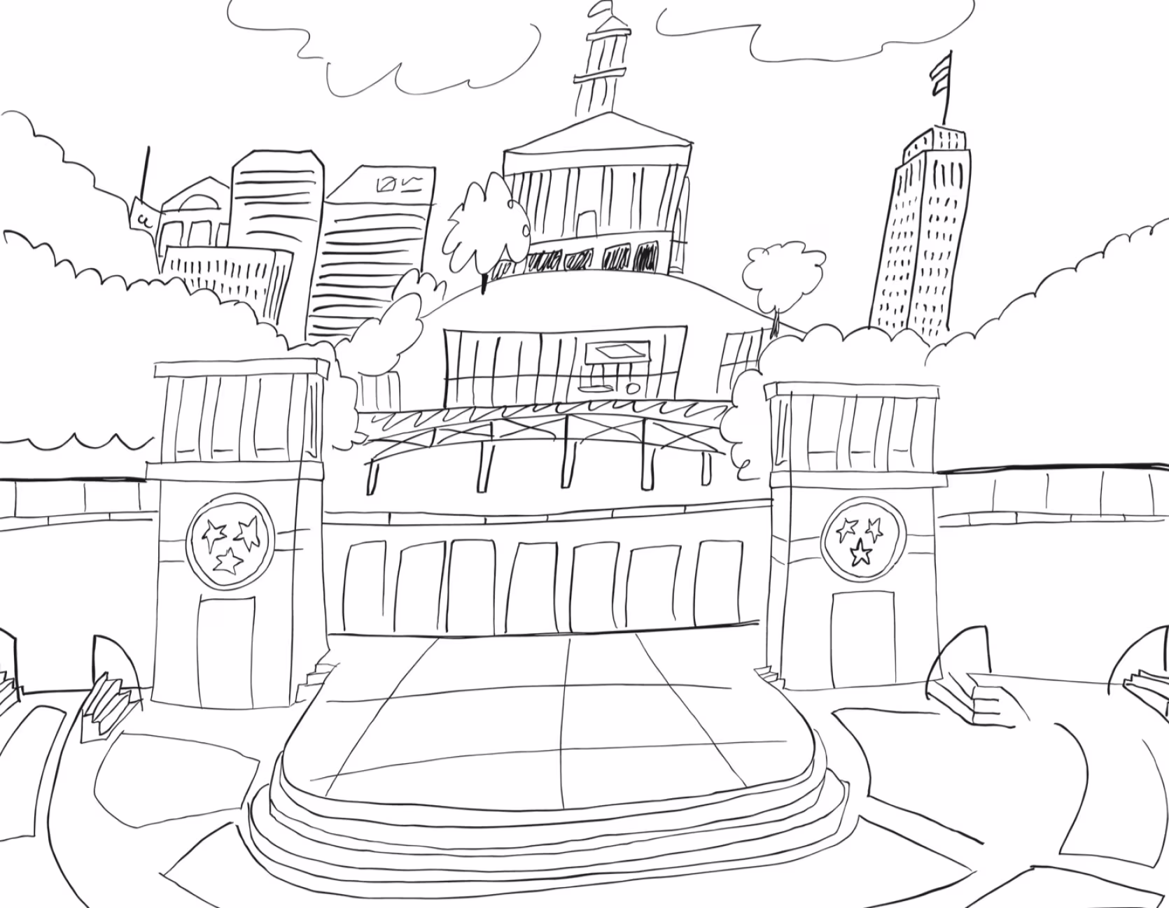 Line drawing of Nashville cityscape with pedestrian bridge for coloring