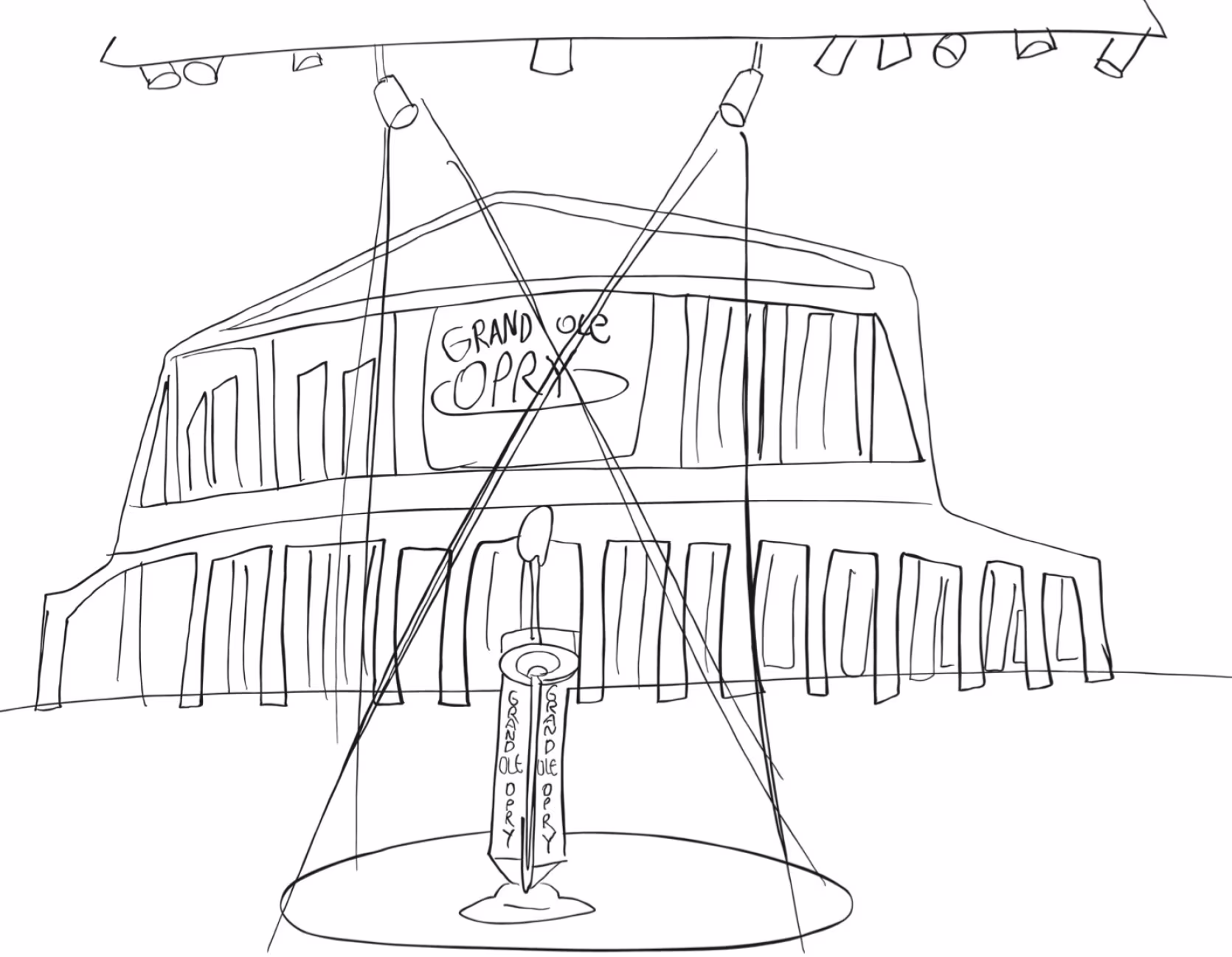 Line drawing of Grand Ole Opry building for coloring