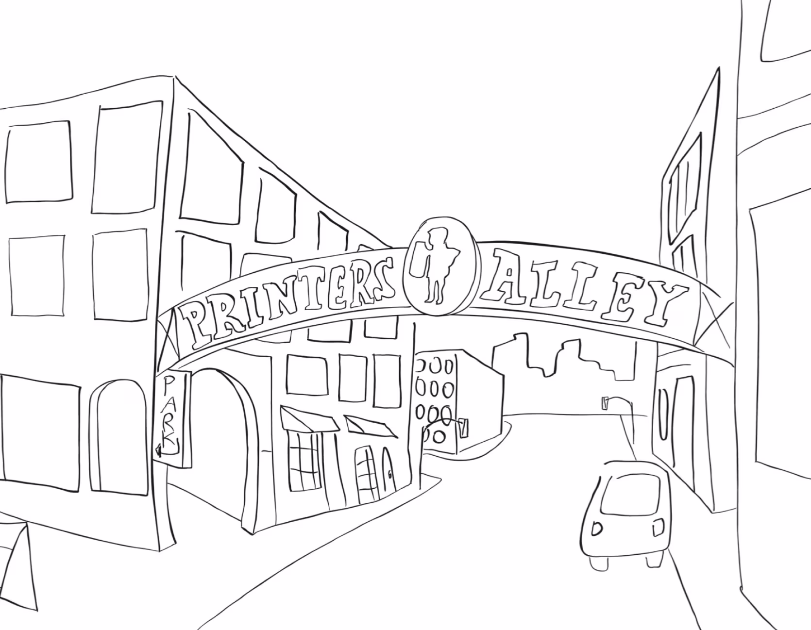 Line drawing of Printer's Alley entrance sign for coloring