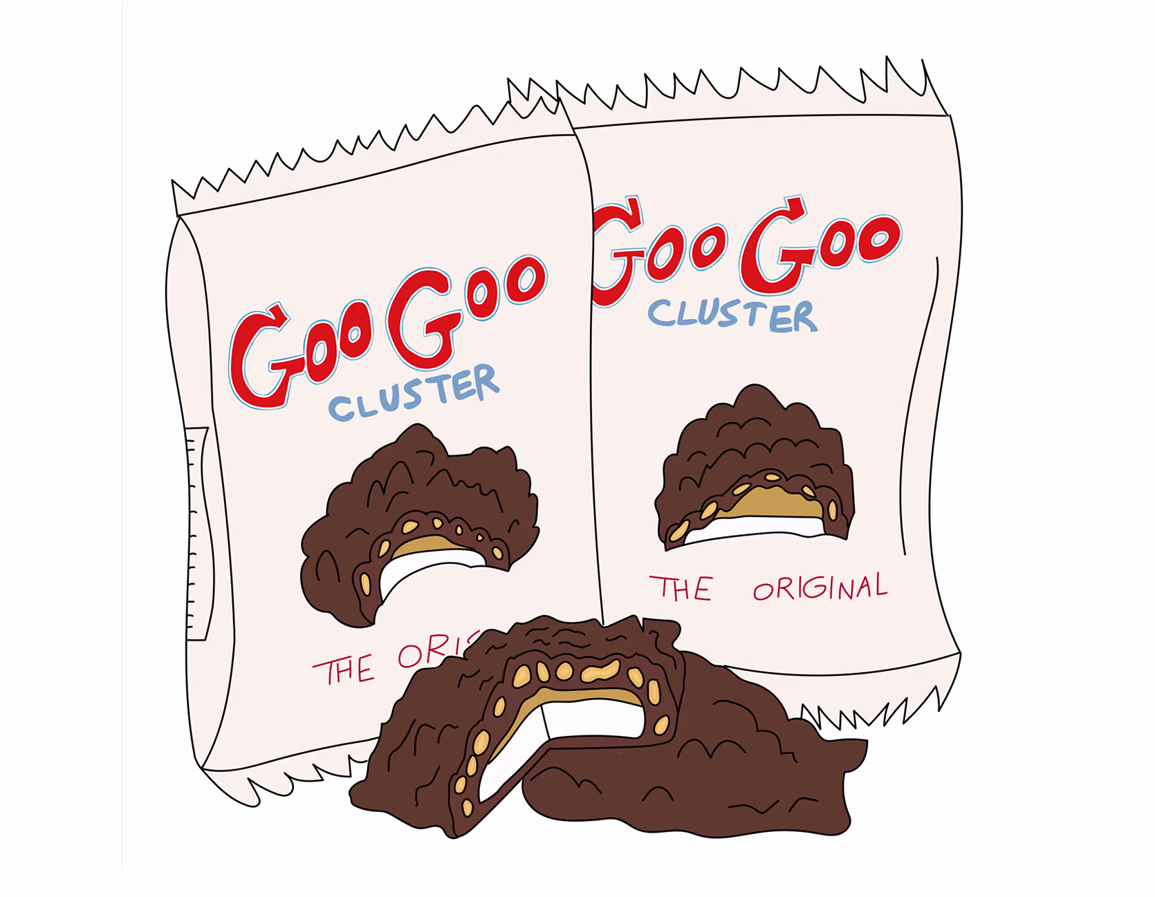 Illustrated Goo Goo Cluster candy packages with chocolate peanut clusters