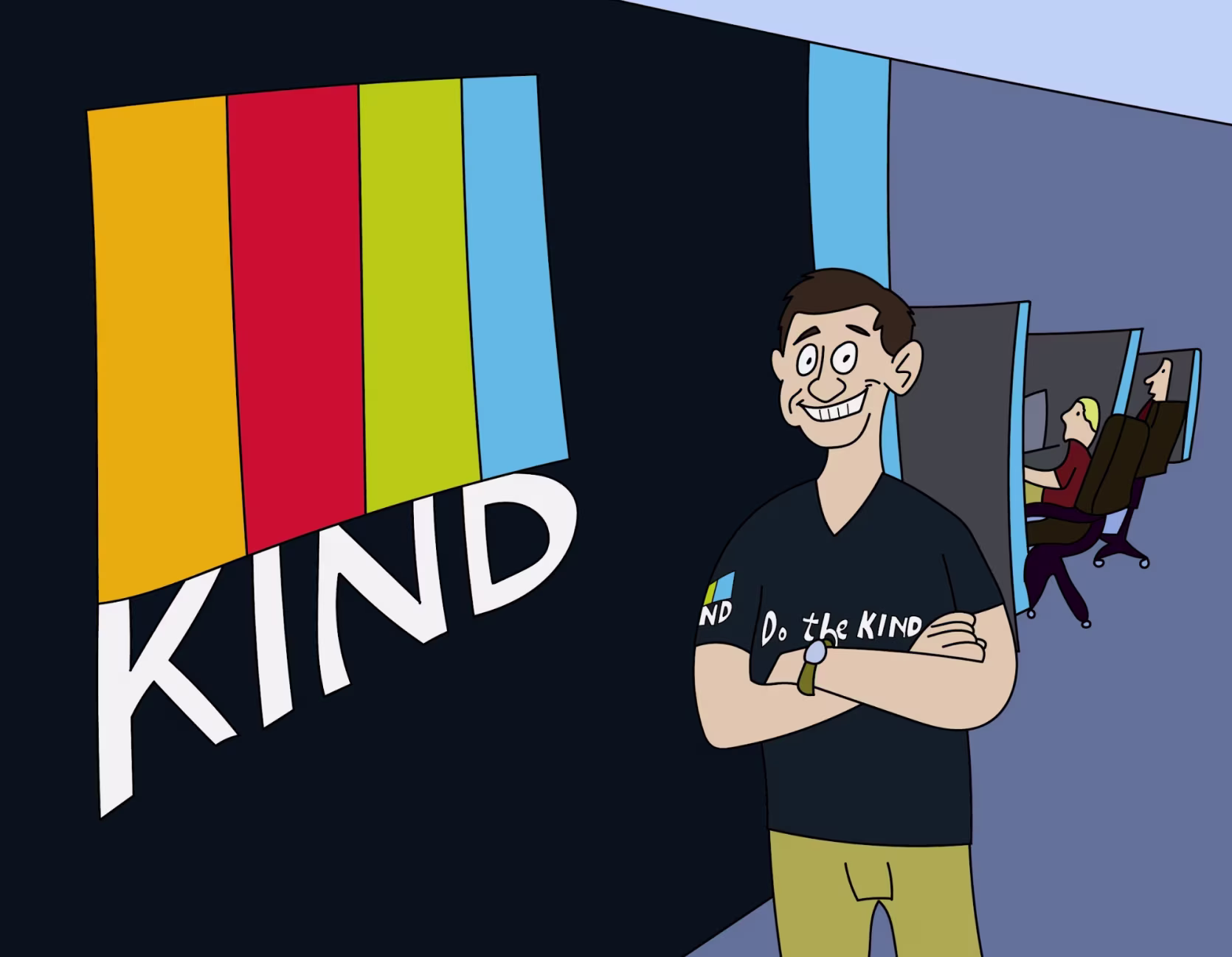 Illustrated employee wearing KIND shirt standing in office with brand wall display