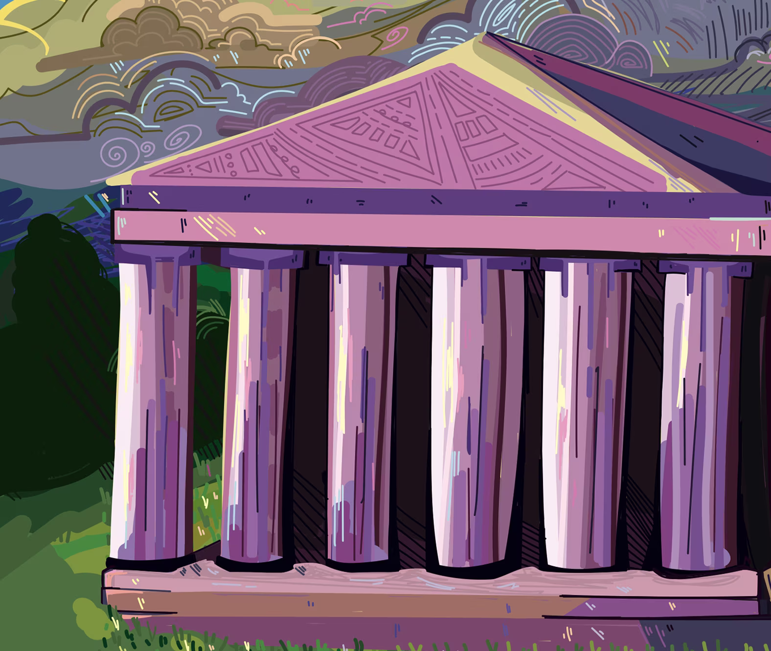 Artistic illustration featuring a stylized temple structure with colorful clouds in the background